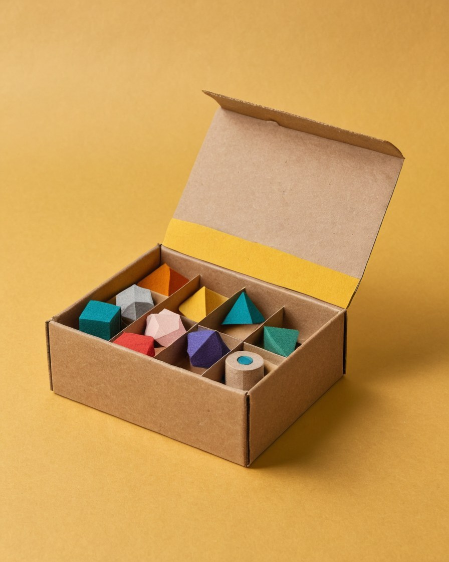 Kit de manualidades con figuras de fieltro y cuentas de madera dentro de una caja reciclada