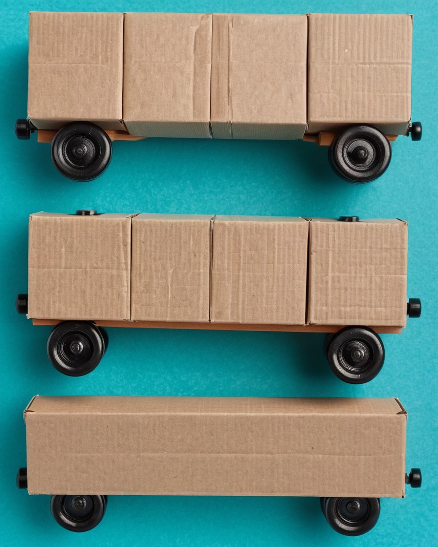 Cajas de cartón montadas sobre ruedas negras, como vagones de juguete, sobre papel verde azulado