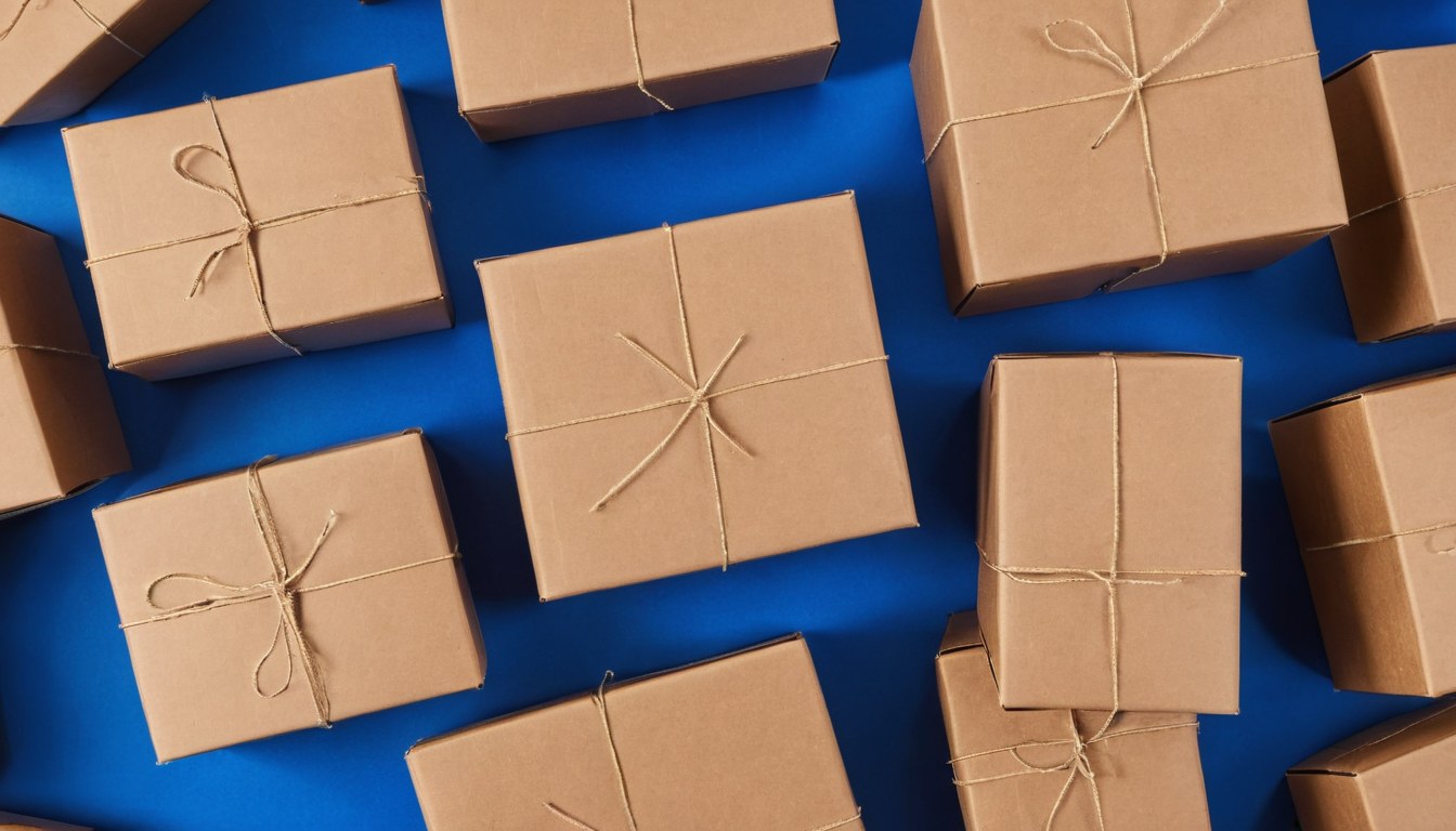 Cajas de cartón kraft atadas con cordel, acomodadas en diagonal sobre un piso azul cobalto