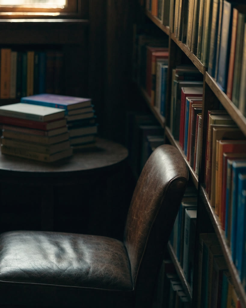 Rincón de lectura con sillón y repisas llenas de libros de colores