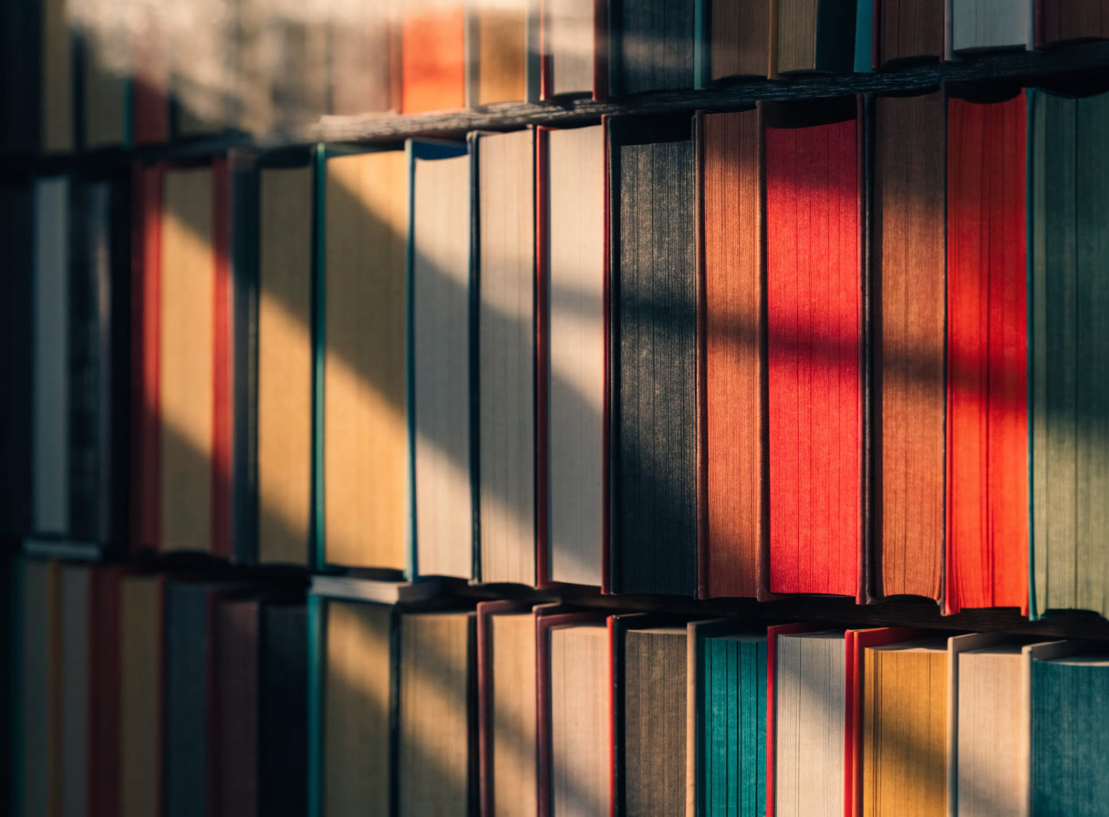 Repisa con lomos de libros de colores iluminados por la ventana