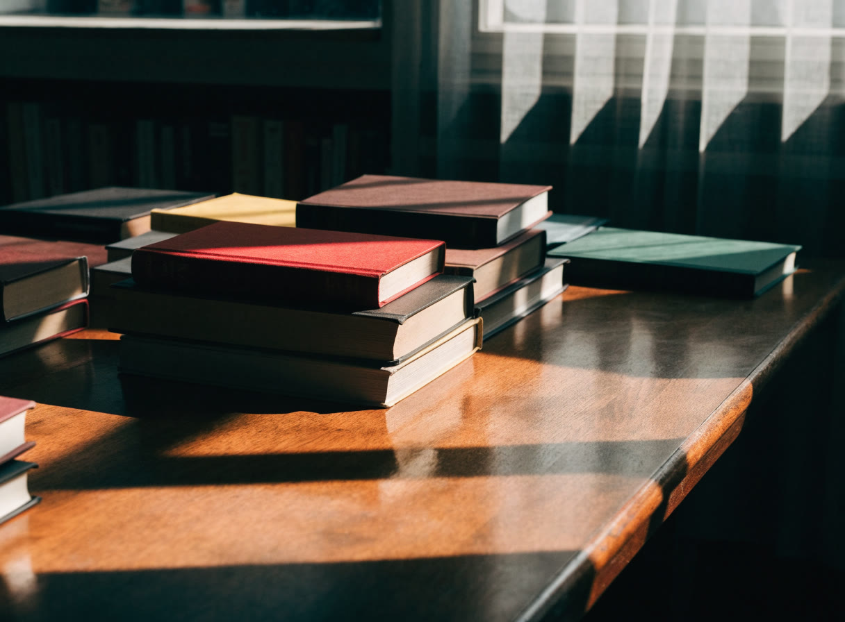 Mesa de madera con libros y separadores de papel bajo la luz de la ventana
