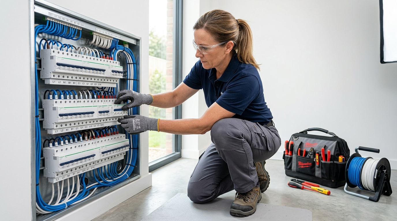 Electricista profesional trabajando en un tablero eléctrico moderno en Ciudad de México