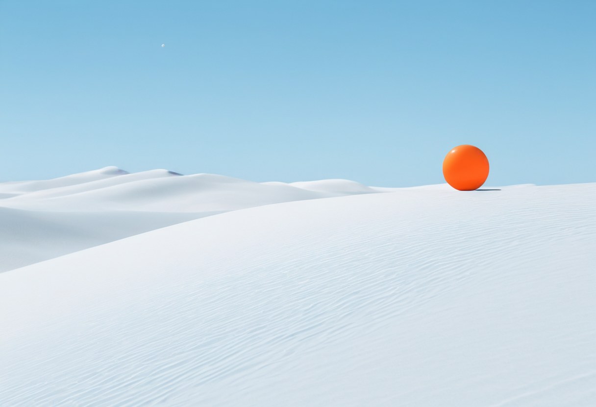 Paisaje helado con líneas de carril y una esfera naranja a lo lejos