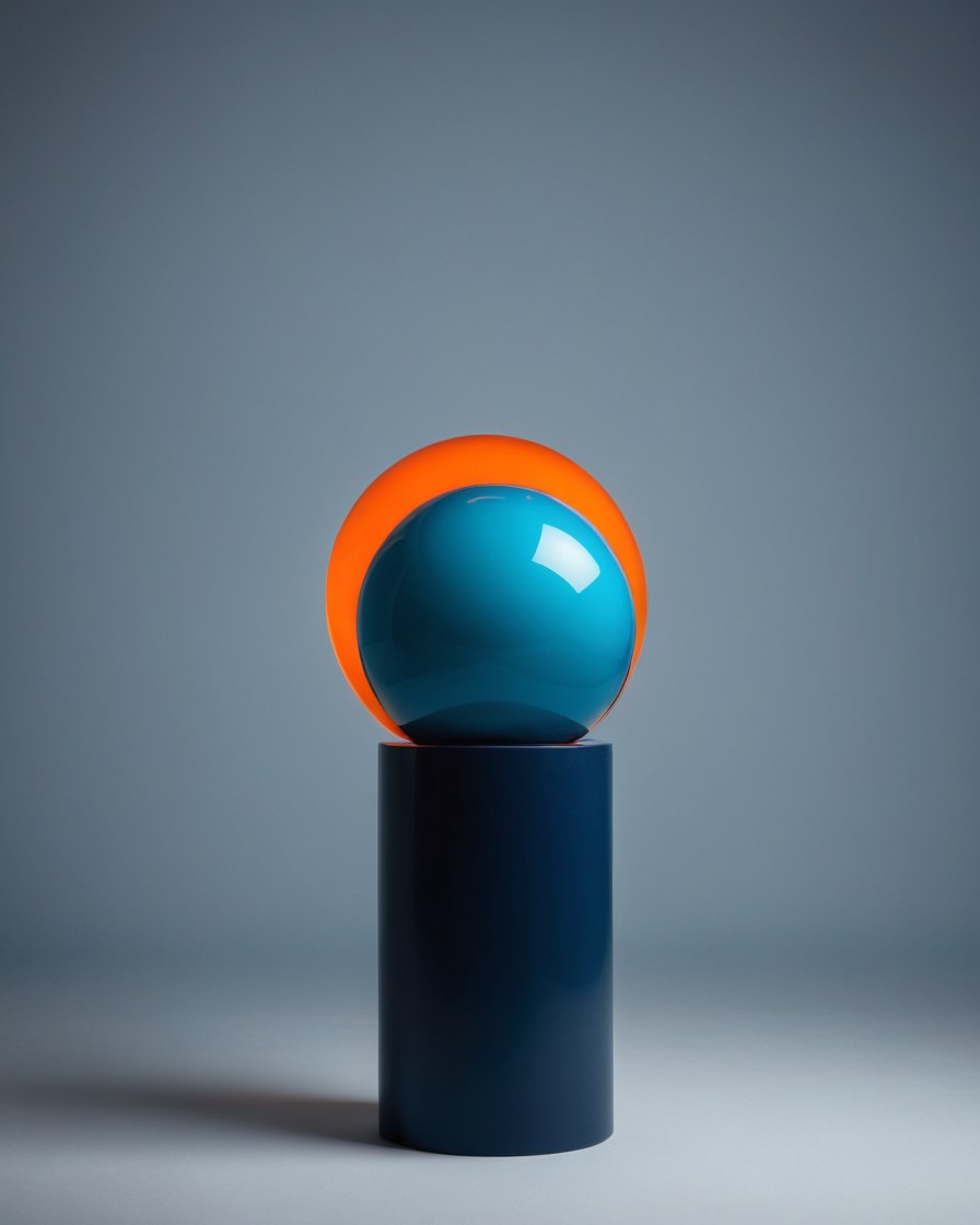 Esfera naranja y azul sobre un pedestal en un estudio azul
