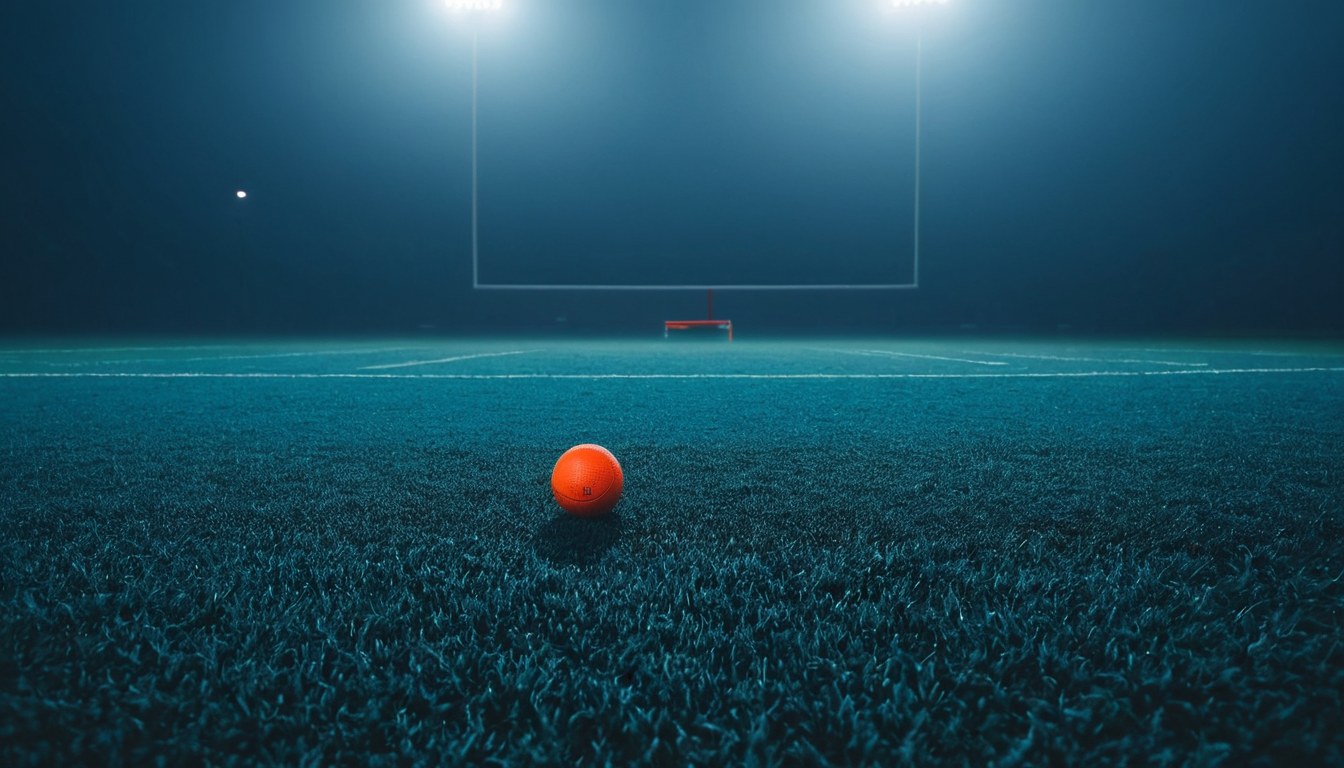 Campo nocturno con niebla y una esfera naranja encendida