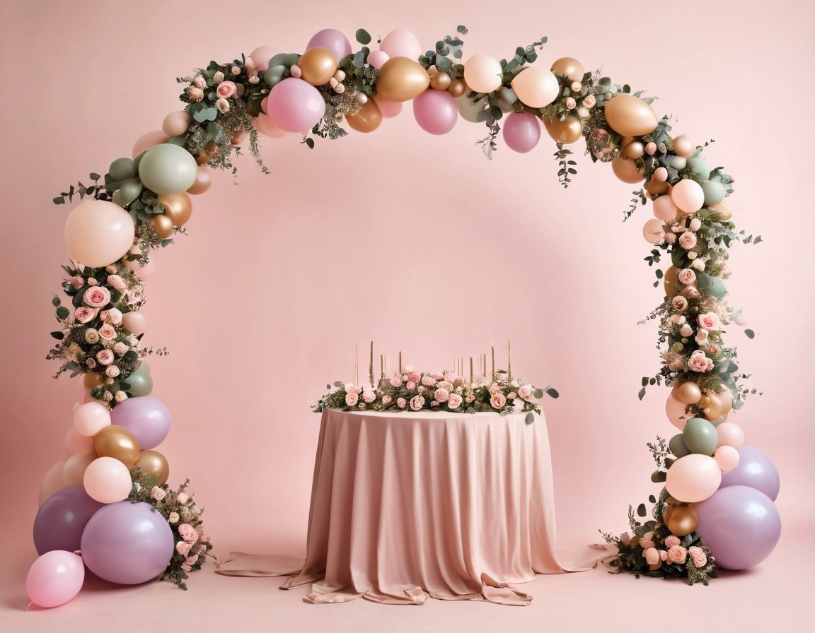 Arco de globos y flores montado frente a una pared lisa, sin nadie alrededor