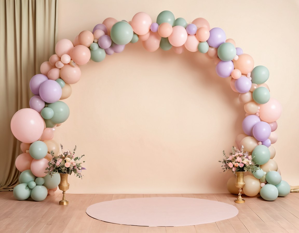 Escenario de celebración vacío con arco, panel liso y cilindros