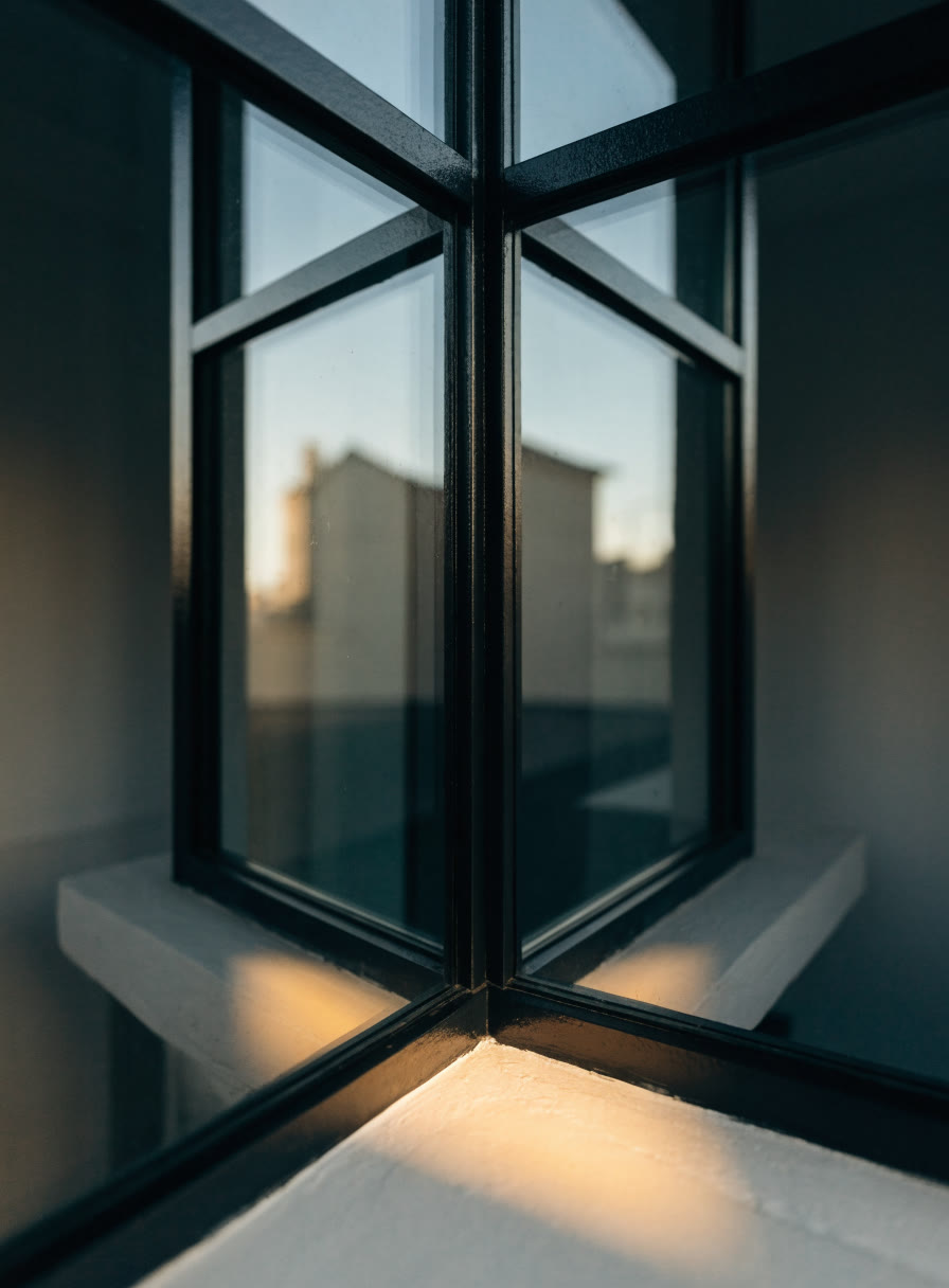 Esquina de ventana limpia con luz de mañana sobre el alféizar