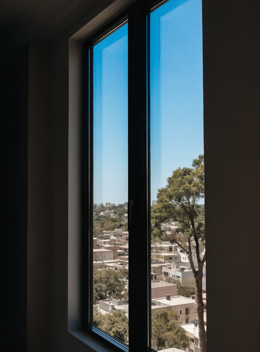 Ventana de oficina limpia con vista a la ciudad