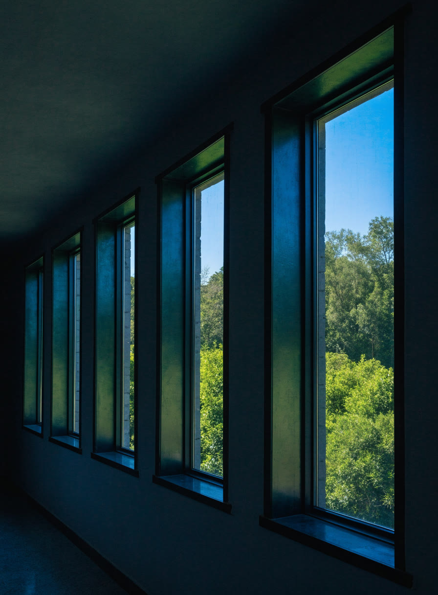 Pasillo con ventanas altas y limpias hacia el jardín