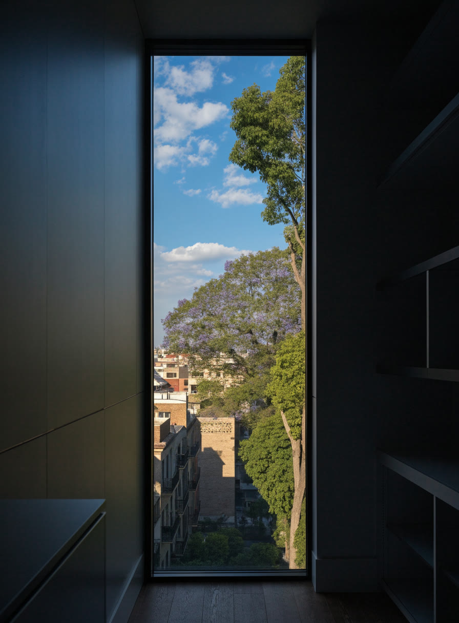 Ventanal limpio de piso a techo con vista a árboles y cielo despejado