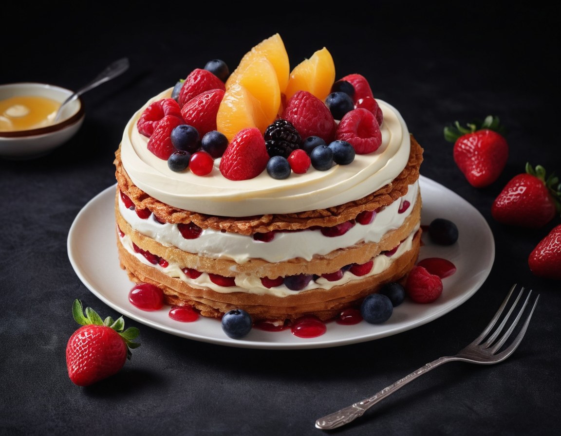 Postre de celebración con crema batida y fruta de temporada sobre una mesa oscura