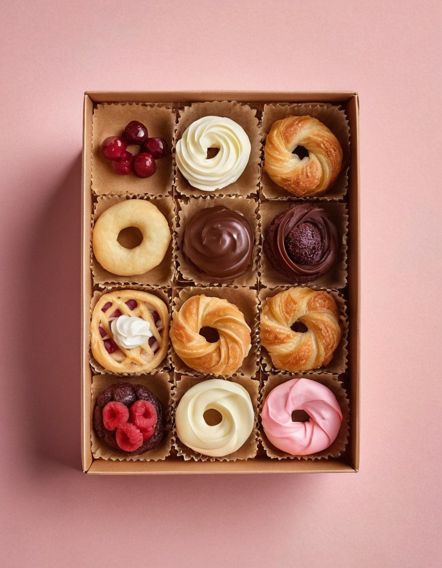 Caja de regalo abierta con postres surtidos y papel de seda