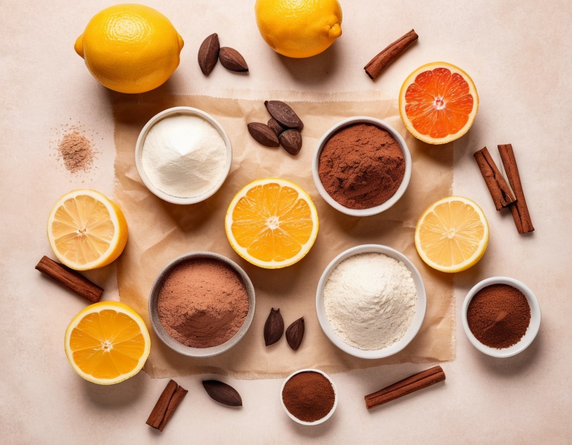 Cacao, cítricos, harina y vainilla acomodados sobre papel encerado
