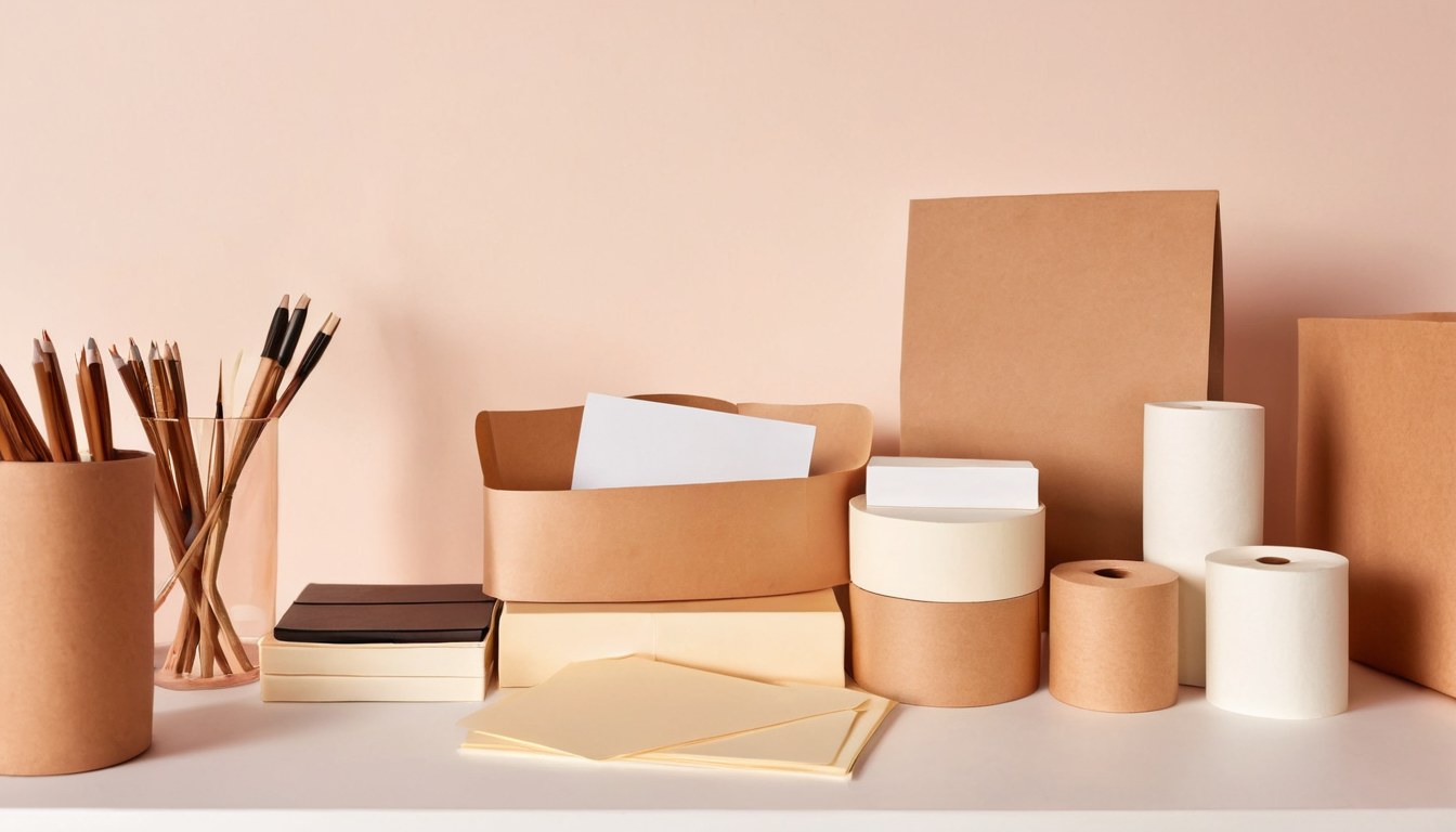 Mostrador de papelería con tarjetas en blanco, rollos de papel y cajas, sin gente