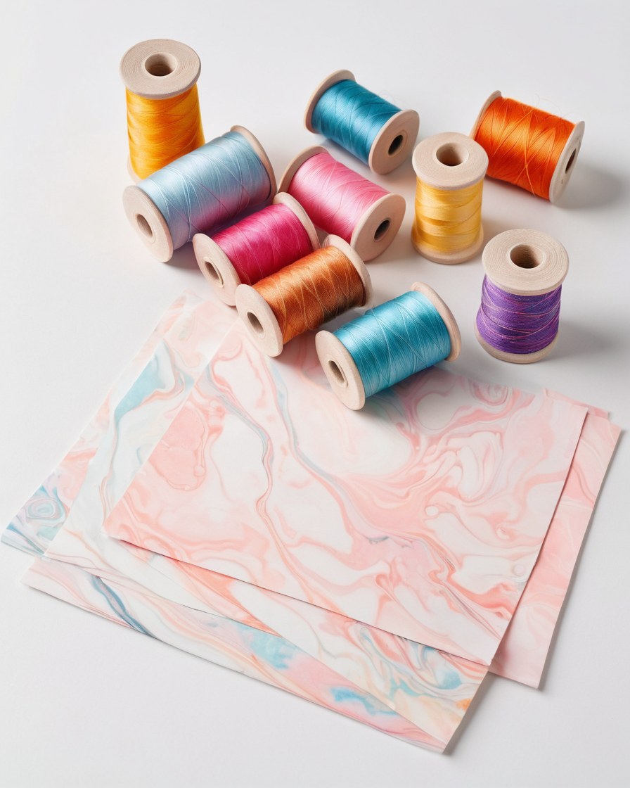 Hojas de papel marmoleado e hilos de encuadernación sin marcar sobre una mesa clara
