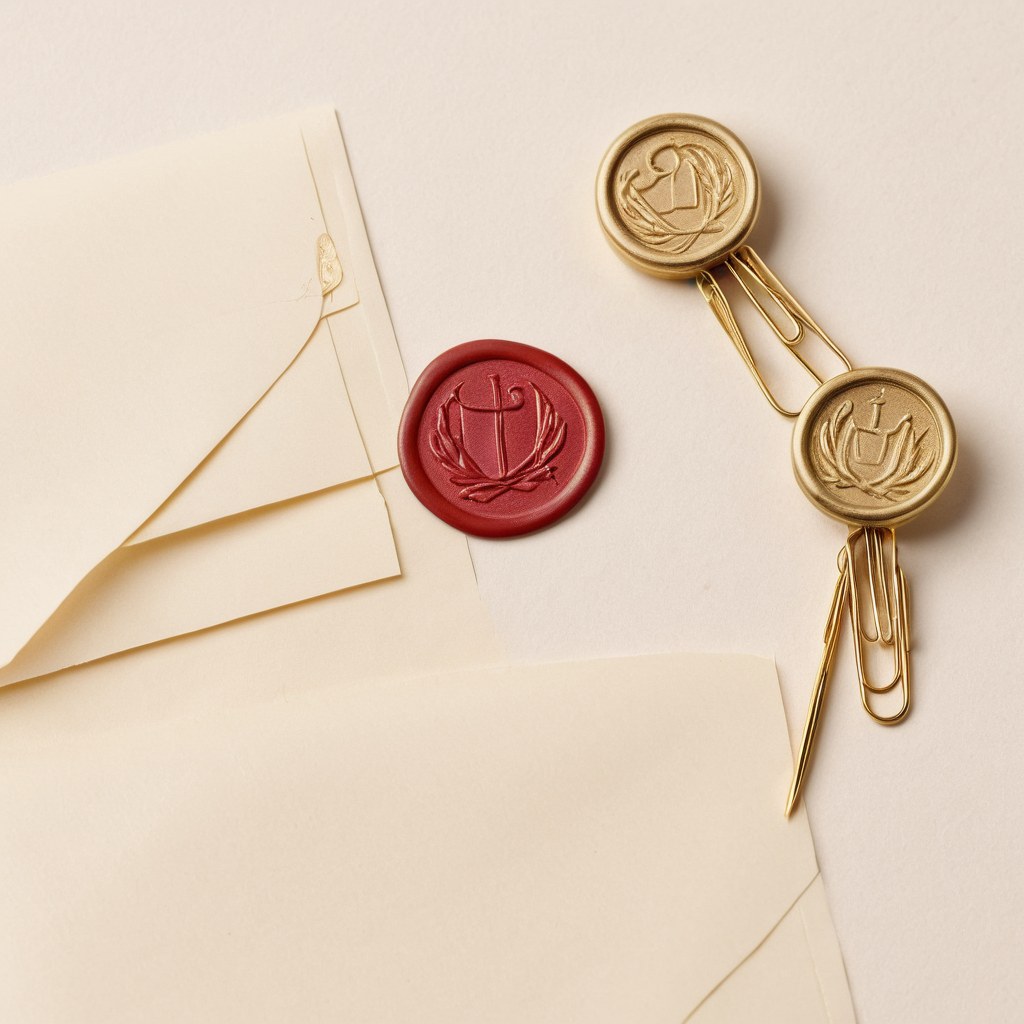 Clips, papel doblado y un sello de cera liso sobre papel crema