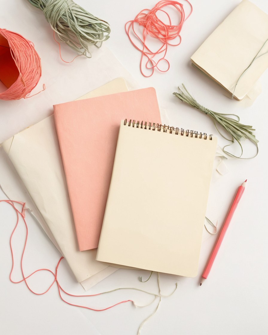 Cuadernos en blanco de portadas coral y crema encimados, con hilo, clips y un lápiz sobre un escritorio claro