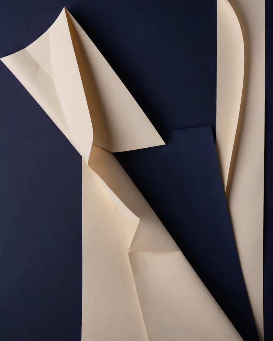Construcción abstracta de papel doblado con sombra profunda y un filo azul tinta