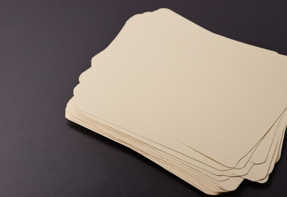 Pila de notas de papel crema con la esquina perforada sobre una superficie oscura