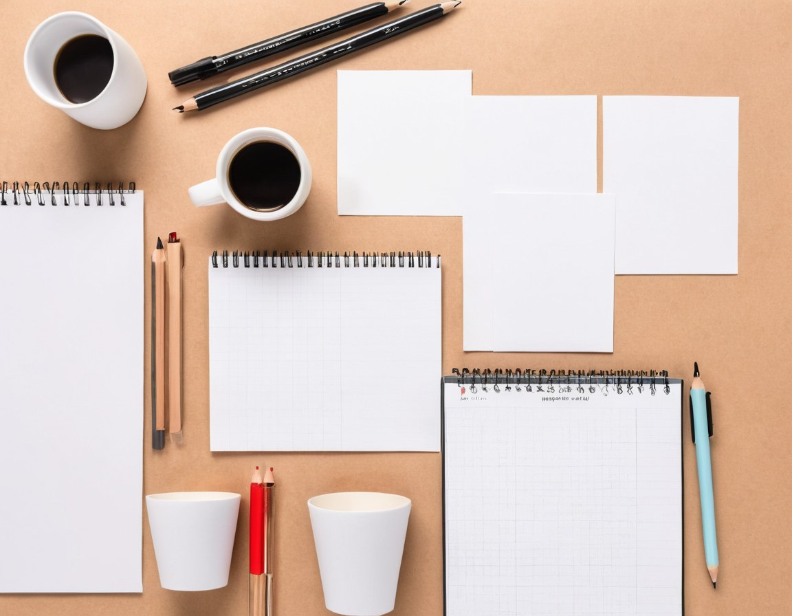 Tablero de trabajo con hojas sujetas con pinzas, rollos de papel y vasos con lápices