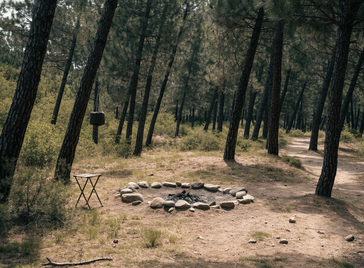 Campamento vacío en un bosque de pinos con círculo de piedras