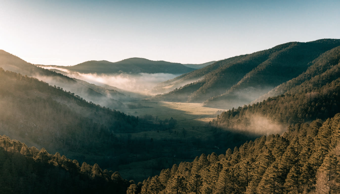 Valle boscoso de la sierra con neblina entre las cumbres al amanecer