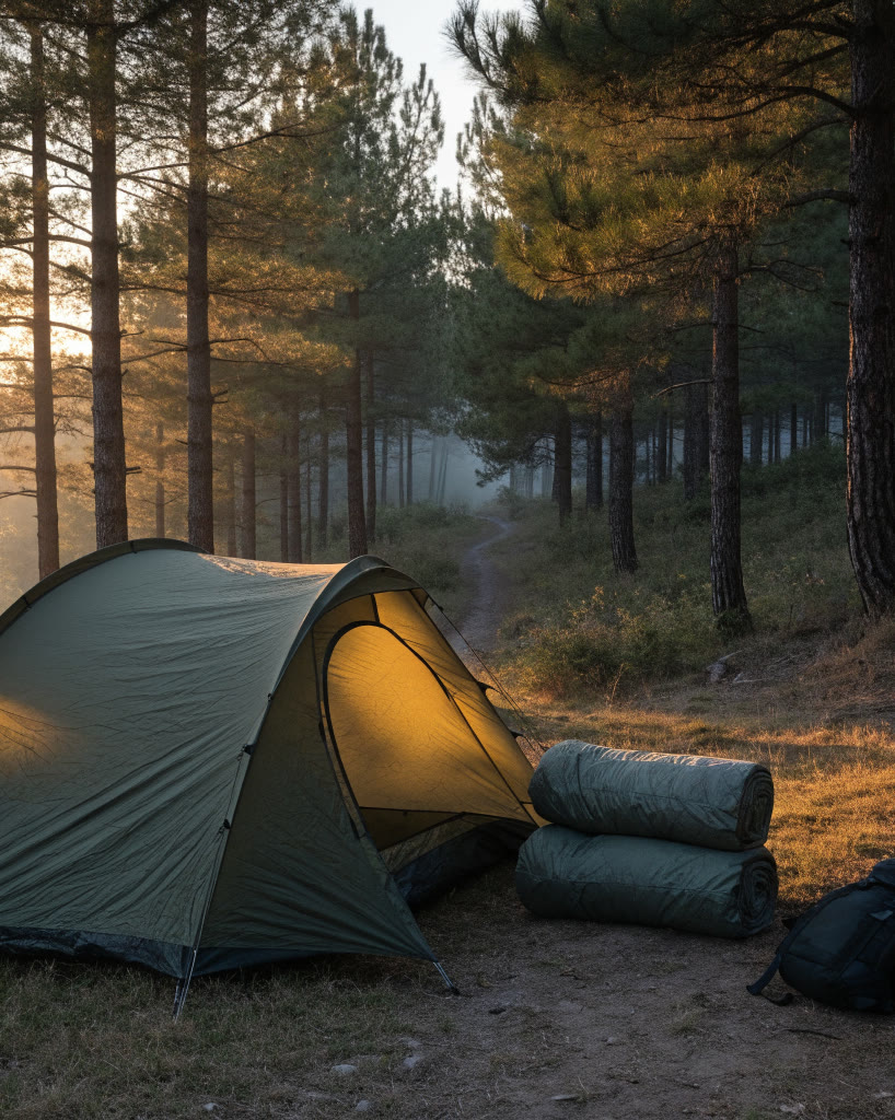 Casa de campaña verde a la orilla de un pinar al amanecer, con colchonetas enrolladas y una mochila