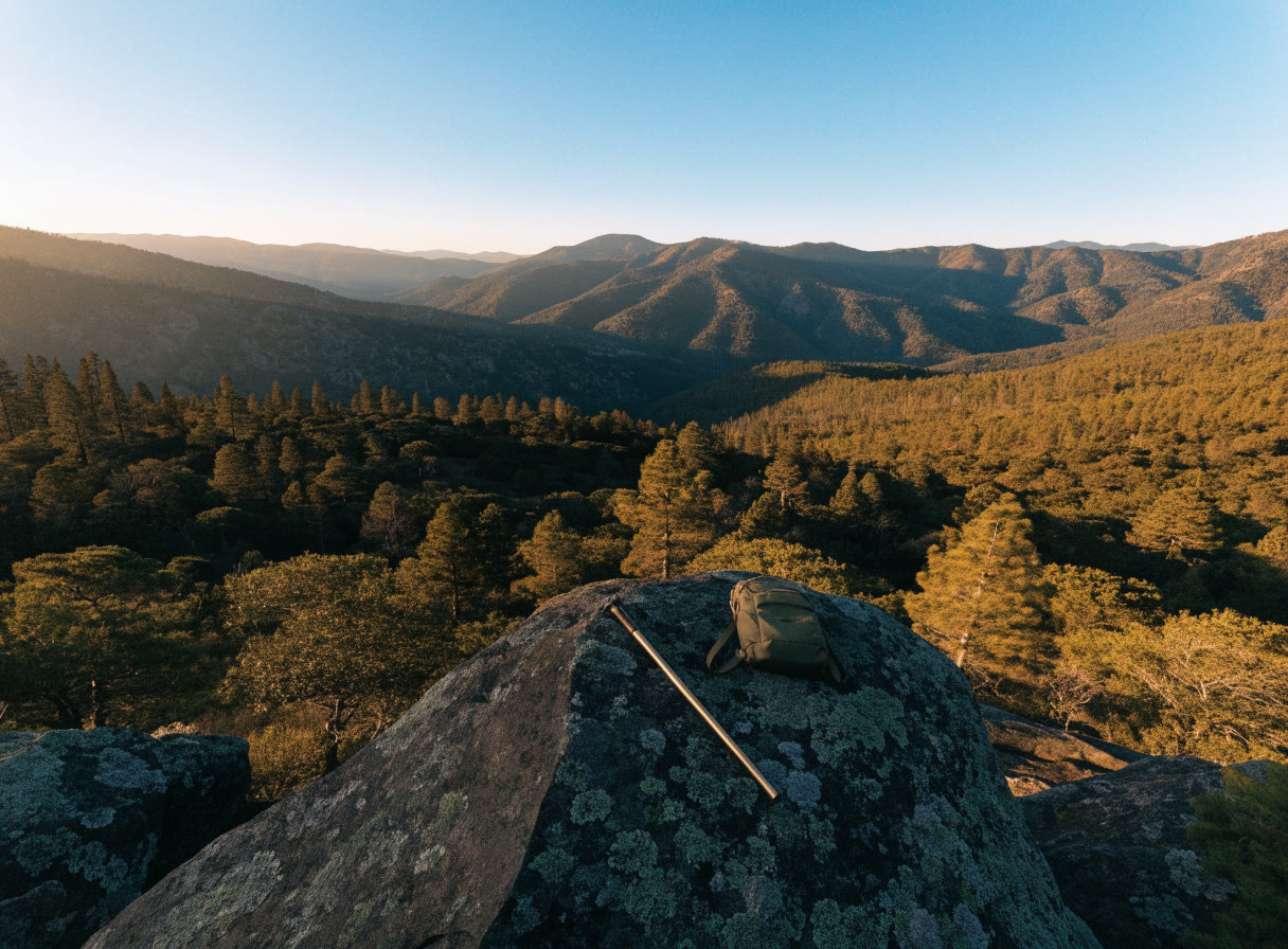 Vista desde una cresta sobre la sierra boscosa al atardecer