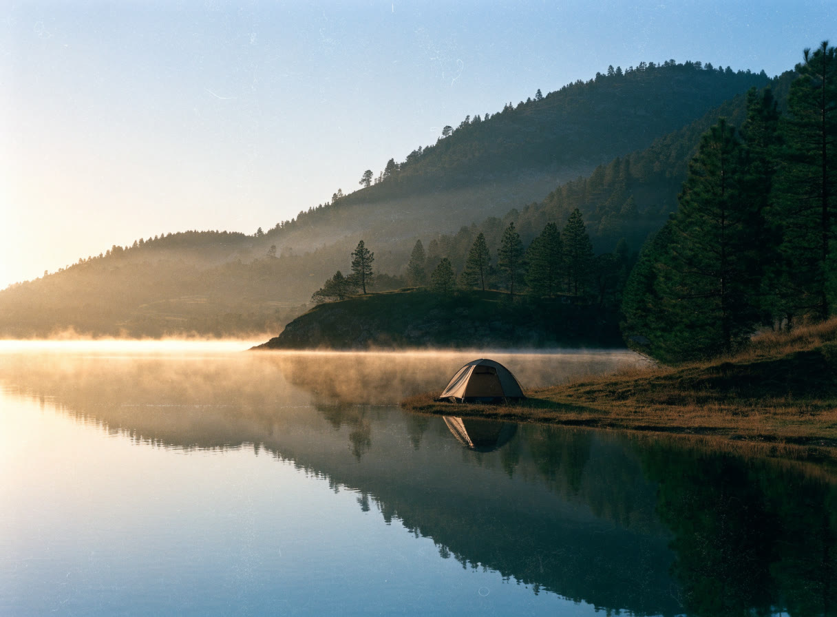 Casa de campaña junto a un lago en calma al amanecer