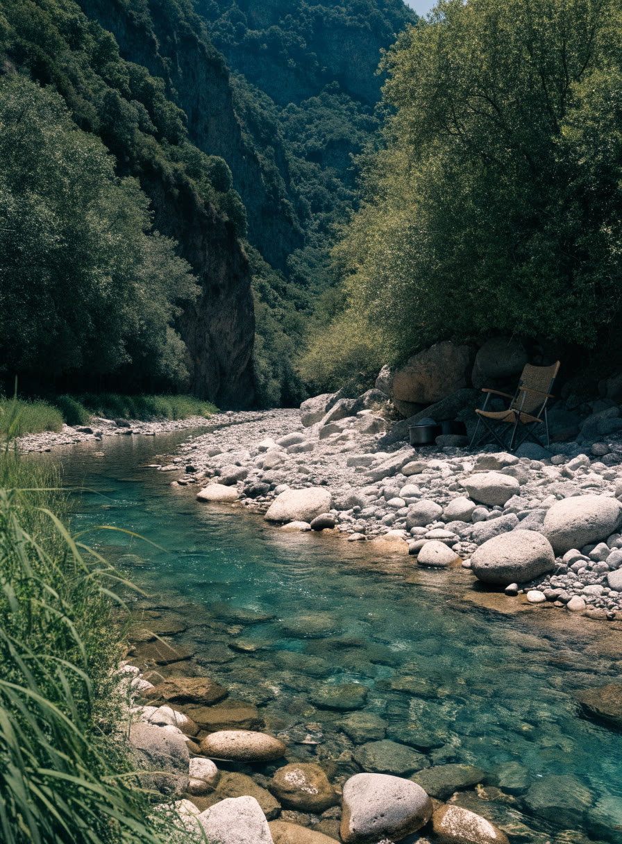 Río de agua clara con orilla de piedras en un cañón verde