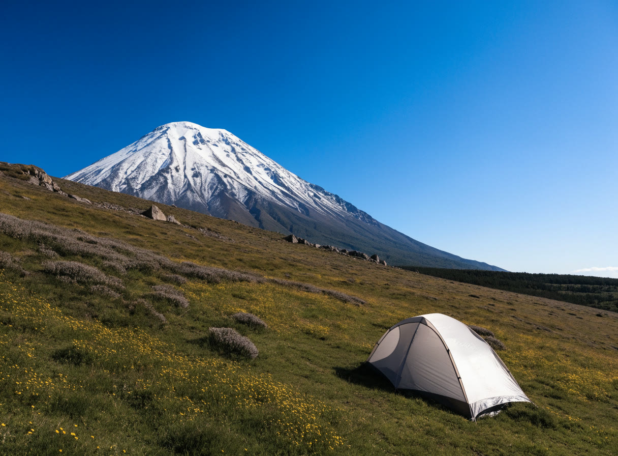 Casa de campaña en un prado alto con un volcán nevado al fondo