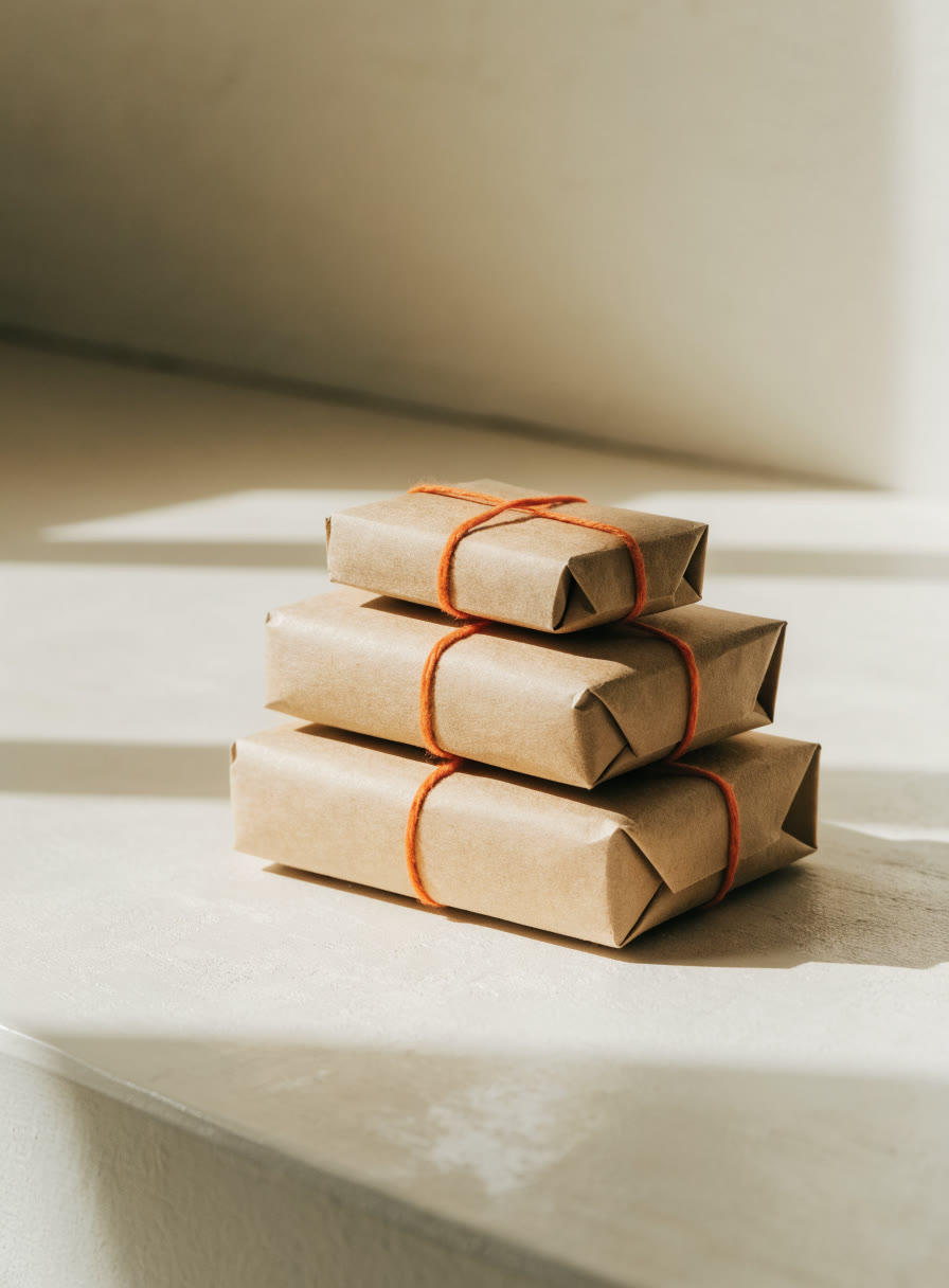 Tres paquetes de papel kraft amarrados con cordón naranja