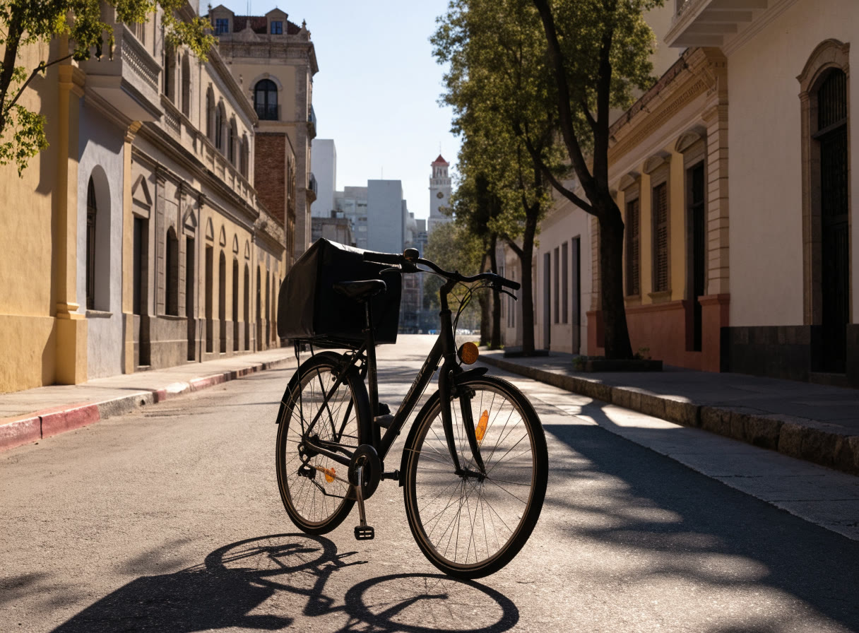 Bicicleta de reparto con bolsa para paquetes en una calle arbolada