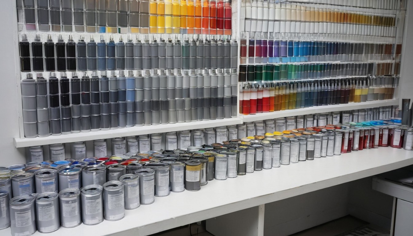 Muro de mezclas y tonos de pintura automotriz en el taller
