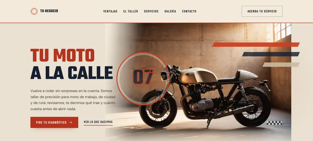 Vista parcial de un sitio «Tu Negocio» para Taller de motos