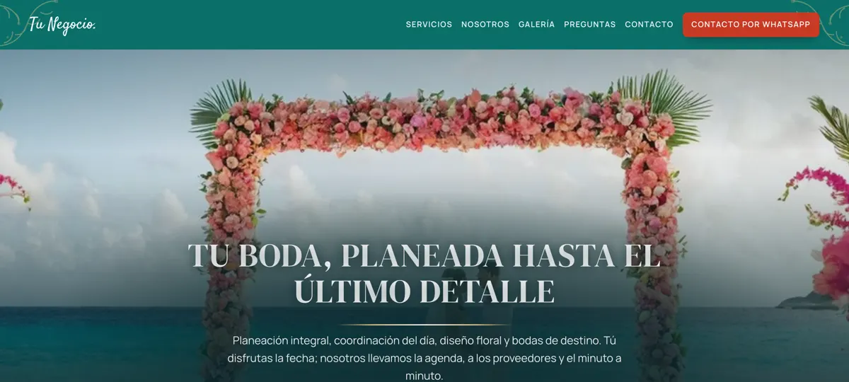 Vista parcial de un sitio «Tu Negocio» para Planeación de bodas