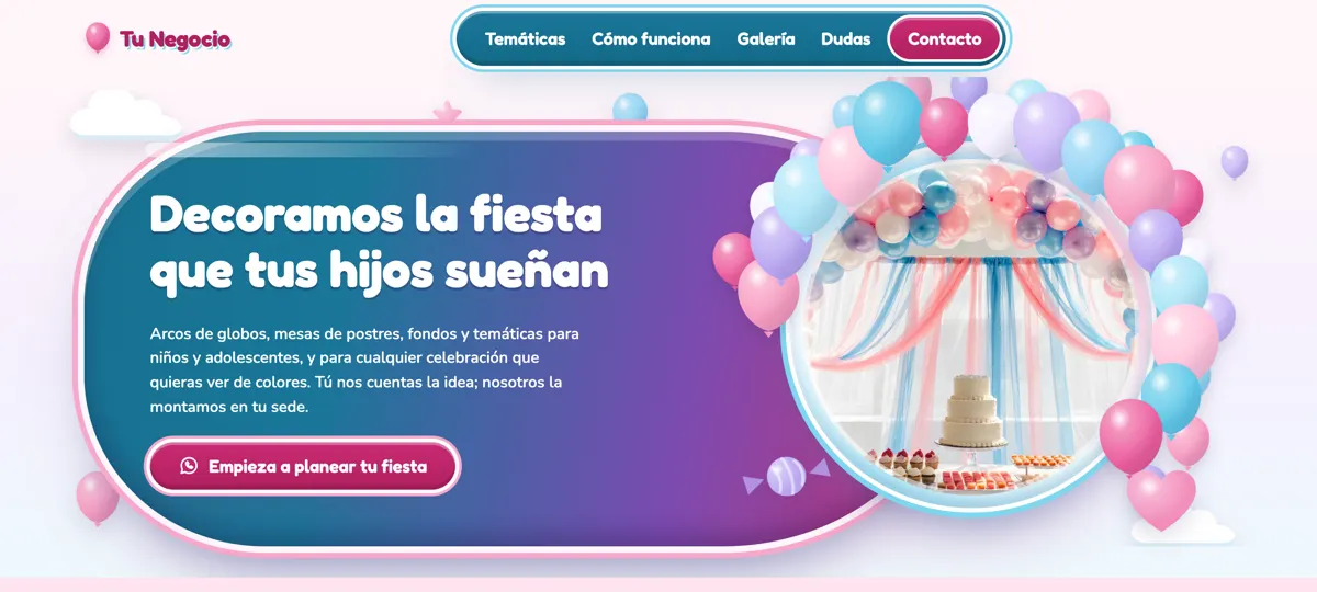 Vista parcial de un sitio «Tu Negocio» para Decoración de fiestas